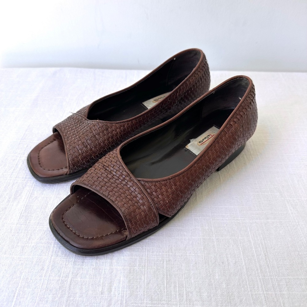 Vintage 1990s Brown Woven Leather Peep Toe Flats Talbots Basketweave Shoes 7.5